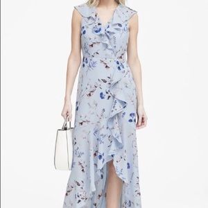 Floral Ruffle-Wrap Maxi Dress in Soft Blue